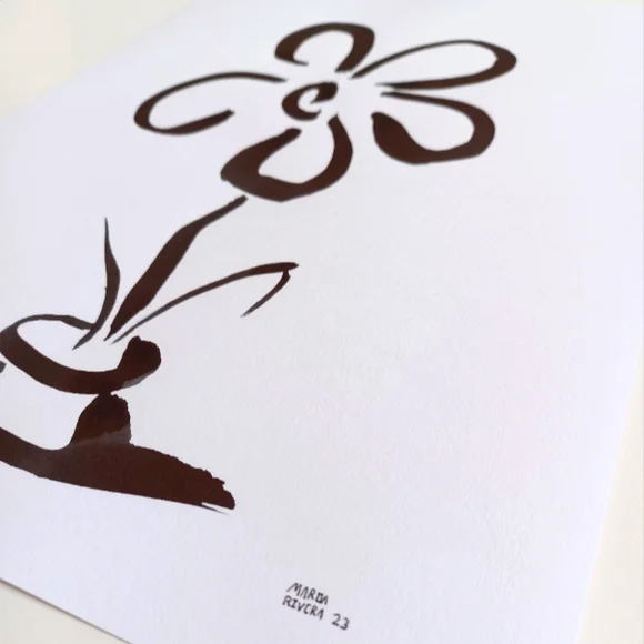 ORIGINAL ART Bold Flower Pot by Maria Rivera. 9x12" Black Ink Wall Art Painting - Picture 4 of 8